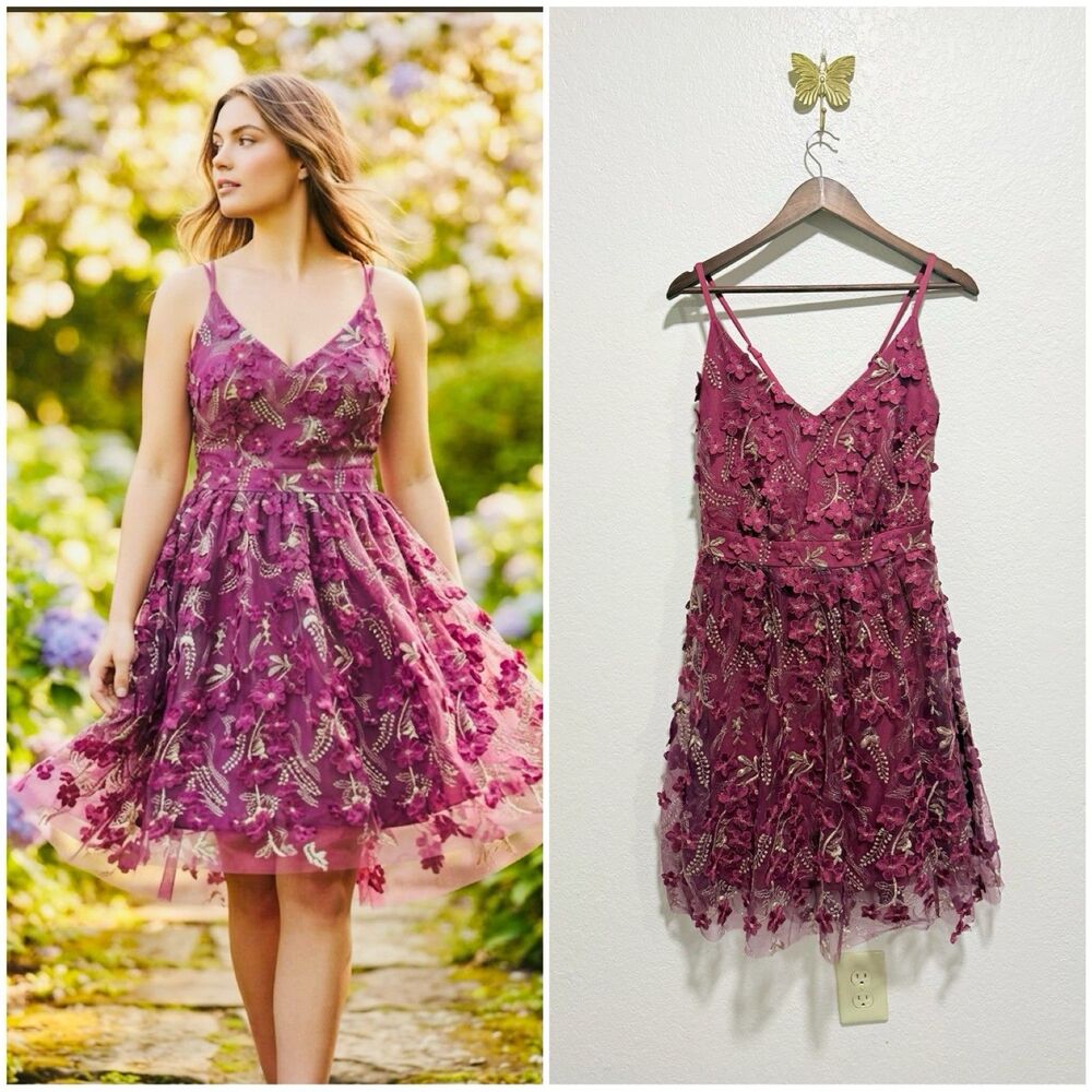 Arula Floral Embroidered Fit & Flare Dress Burgundy Size A / 1X Plus